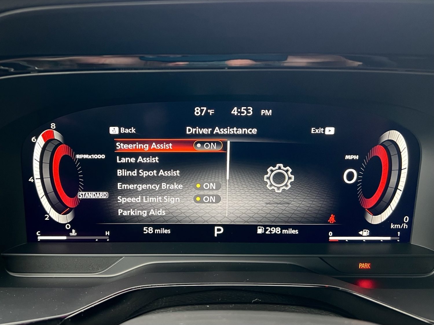 Driver assistance settings menu