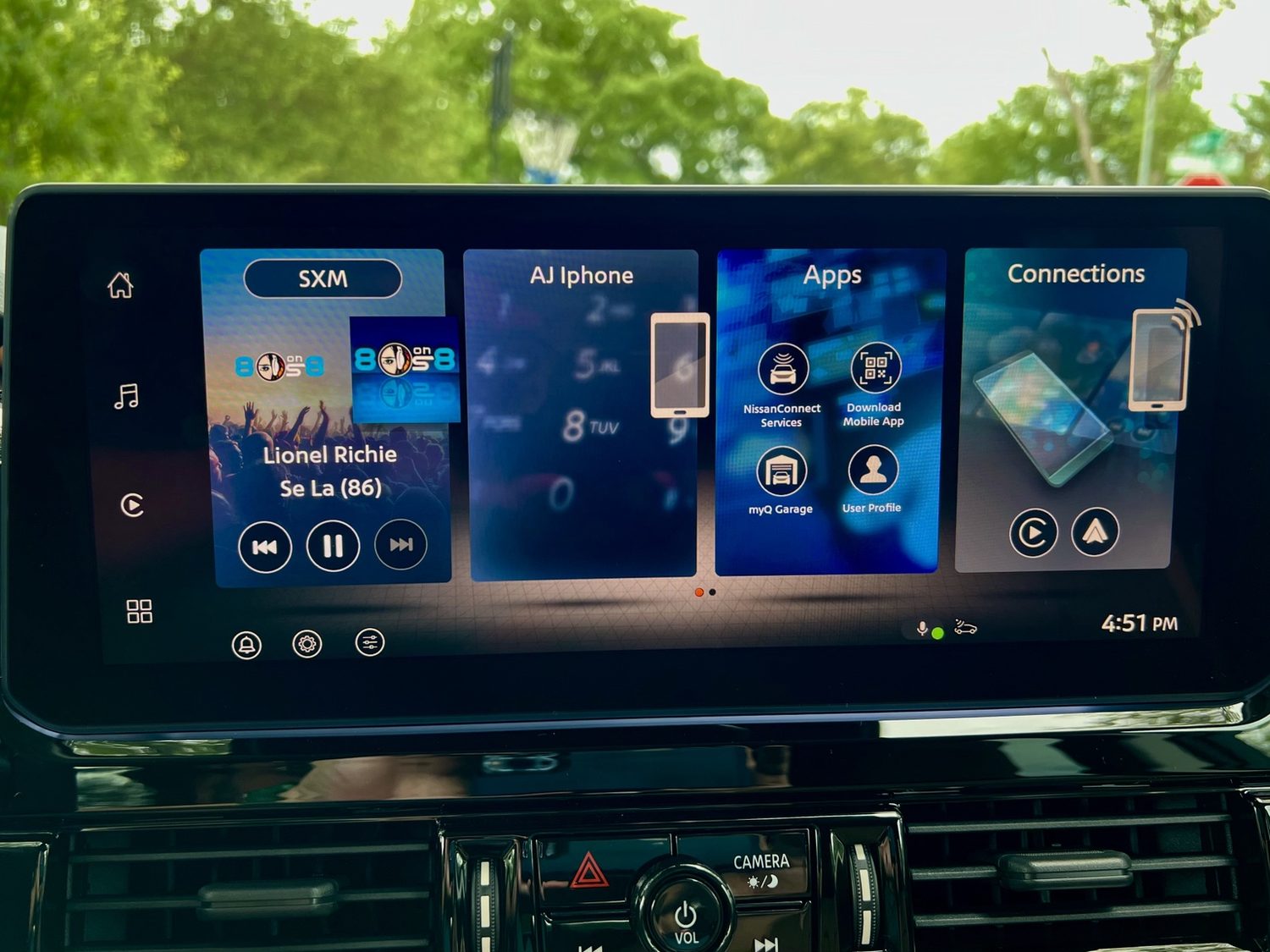 NissanConnect home screen with audio, phone, apps, and connections tiles