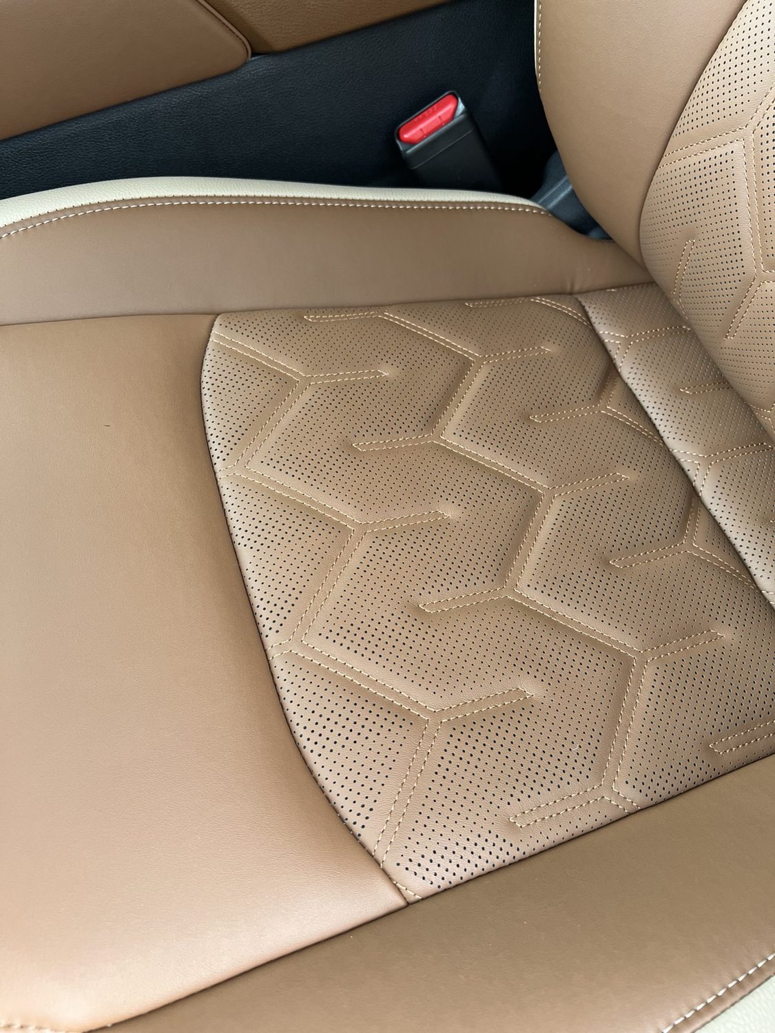 Chestnut semi-aniline leather with perforation and contrast stitching
